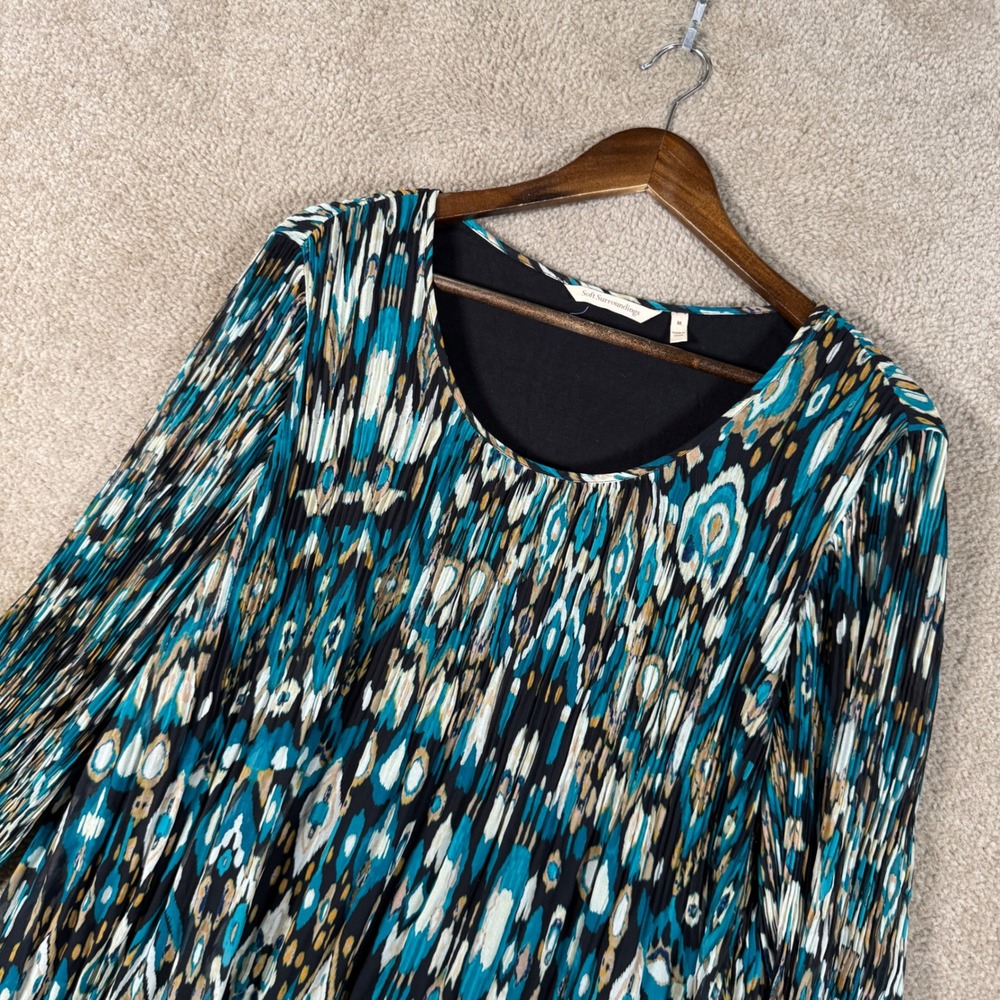 Soft Surroundings Tunic‎ Top Womens Medium Teal Ikat Pleated Scoop Neck Artsy